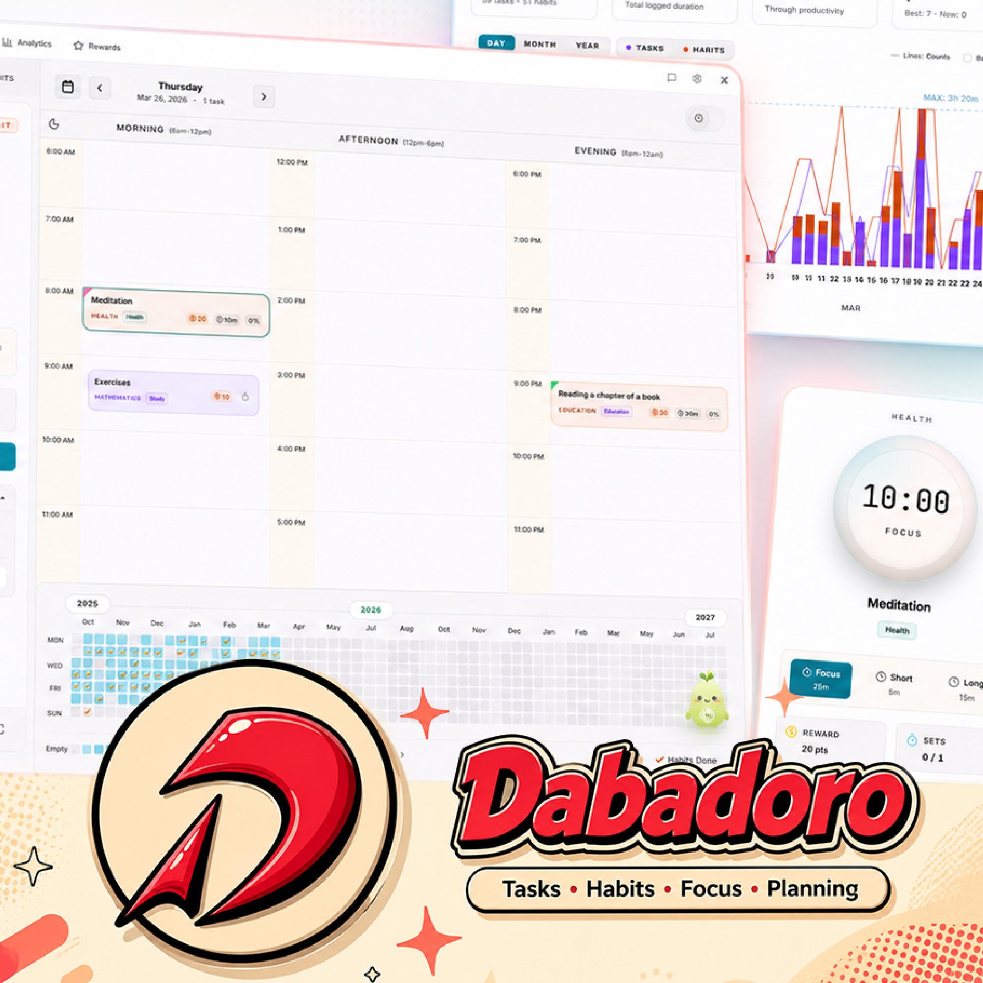 Dabadoro - free desktop productivity app for tasks, habits, and Pomodoro focus on Windows, macOS, and Linux.